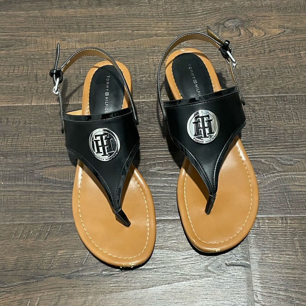Tommy Hilfiger Black and Tan Leather Thong Sandals